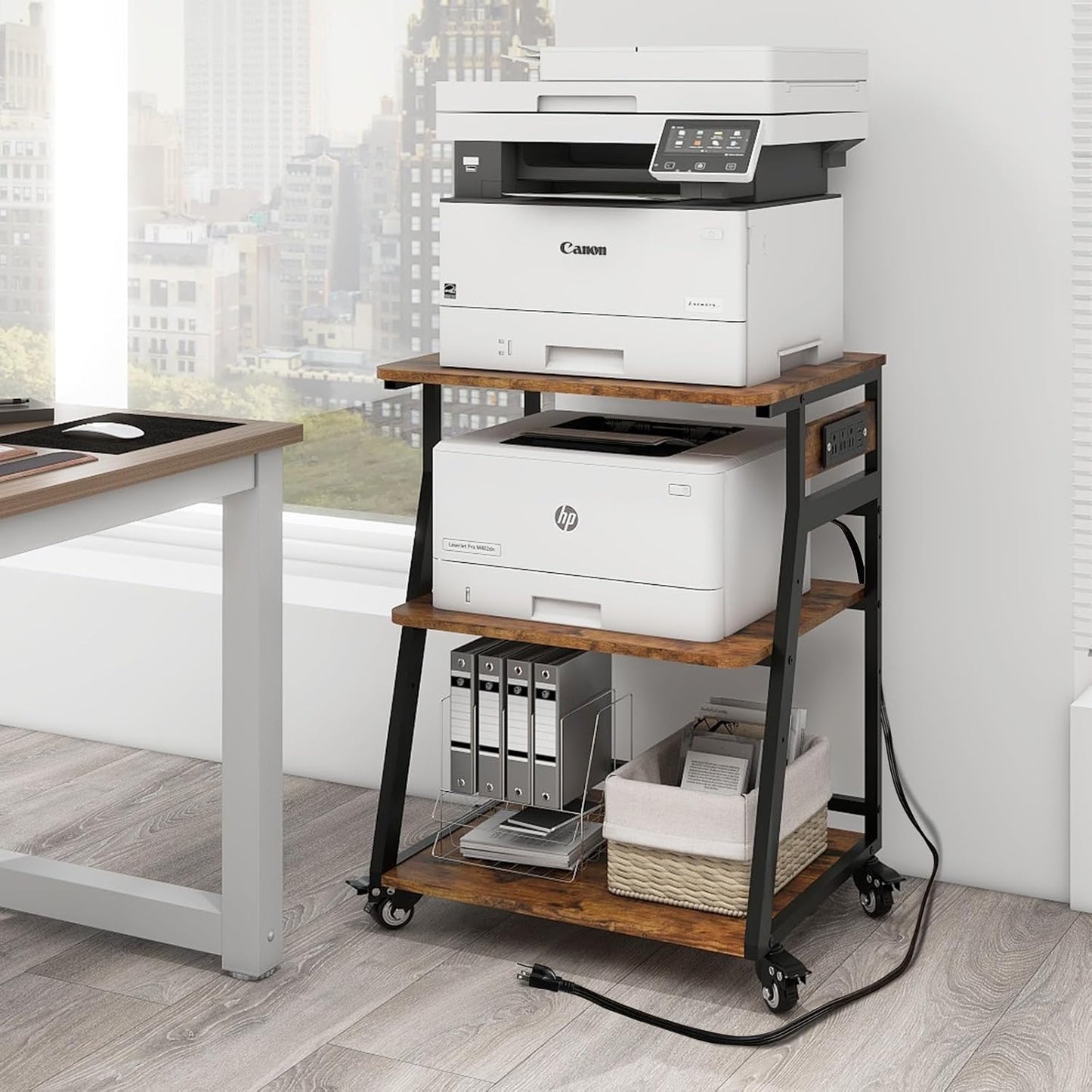 Natwind 23.6"x19.7" Large Printer Stand,3 Tier Printer Table with Charging Station, Rolling Cart with Adjustable Storage Shelf for Home Office Organization, Stand for Heat Press,3D Printer (Retro)