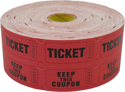DNB 1000 Raffle Tickets - Double Roll 1000 Pairs per Roll 2 x 2 Inch 50/50 Consecutively Numbered Tickets for Entry/Events/Fundraiser/Prizes - Red