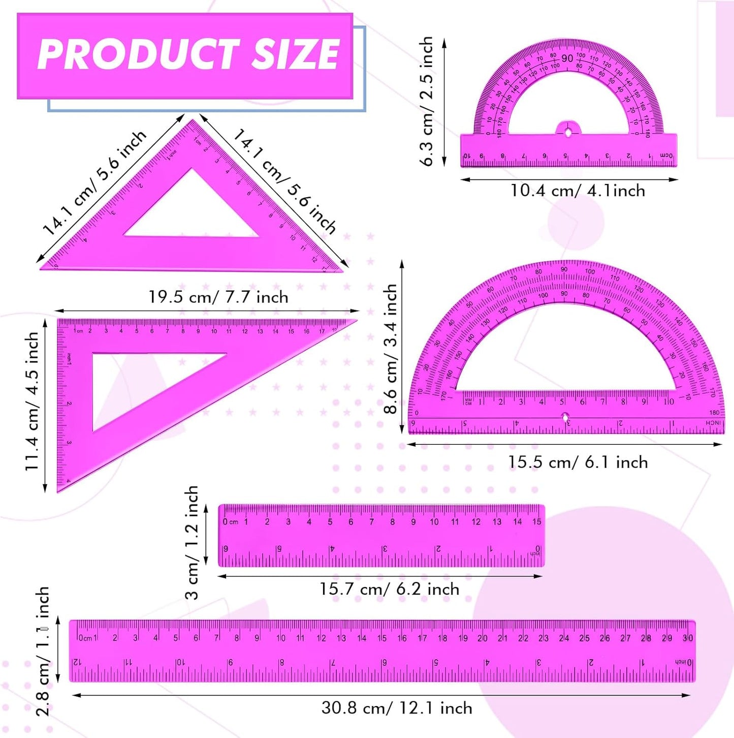 Tenare 6 Pcs Plastic Ruler Math Set Includes 12 Inch 6 Inch Straight Protractor Triangle Geometry Transparent Math Ruler Measuring Tools for School Office Home(Purple)