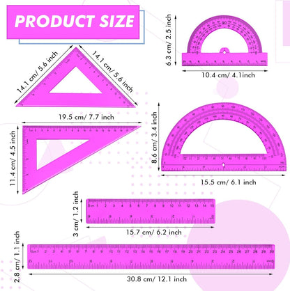 Tenare 6 Pcs Plastic Ruler Math Set Includes 12 Inch 6 Inch Straight Protractor Triangle Geometry Transparent Math Ruler Measuring Tools for School Office Home(Purple)