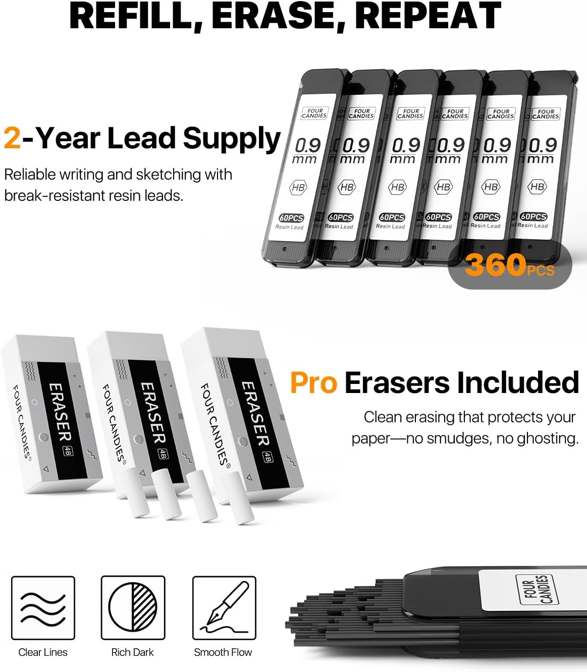 Four Candies Metal Mechanical Pencil Set - 3PCS 0.9mm Art Mechanical Pencils & 360PCS HB Lead Refills & 3PCS Erasers & 9PCS Eraser Refills, Drawing Mechanical Pencils for Writing, Sketching/With Case