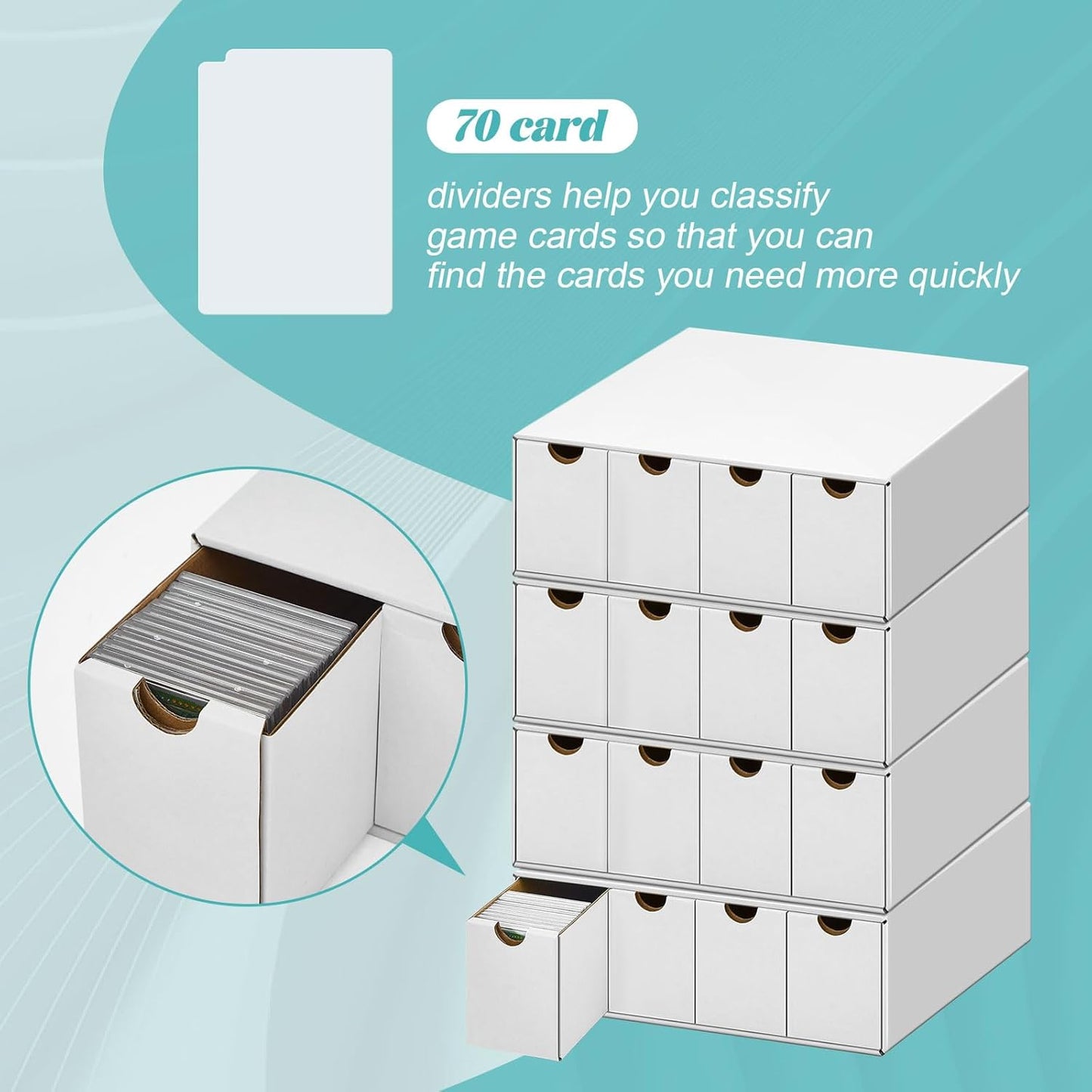 Cholemy Trading Card Storage Box 15000+ with 70 Cardboard Storage Divider, Label Sticker for Collection Compatible with TCG, Sport Cards(4 Row, 4 in A Row,White)