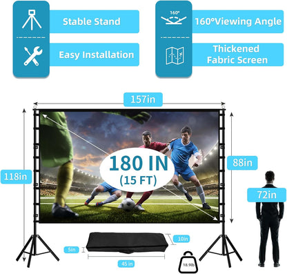 TOWOND Projector Screen and Stand, 180 inch Outdoor Projector Screen 15 FT Large Projection Screen, Portable 16:9 4K HD Rear Front Movie Screen with Carry Bag Wrinkle-Free Design for Backyard Theater