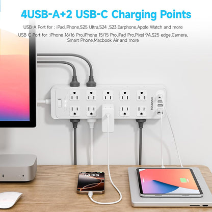 Power Strip Surge Protector Flat Plug with 20 AC Outlets 6 USB Chagring Ports, 1875W/15A, 2700J, 10 Ft Heavy Duty Extension Cord for Home, Office, Dorm, Gaming,ETL Listed (White, 10FT)