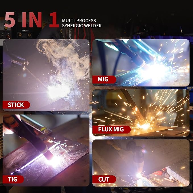 Plasma Cutter Welder Combo Gas MIG/Gasless MIG/Lift TIG/Stick/CUT 5 in 1 Aluminum Welding Machine with 110V/220V Dual Voltage Multi Process Welder