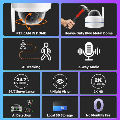 xmartO [AI Tracking Dome CAM] 10CH 2K HD Metal Dome PTZ Wireless Security Camera System, 4*Automatic Tracking, 2-Way Audio and Night Vision Camera, 10CH 4K Long Range WiFi 6 Surveillance DVR NVR Kit