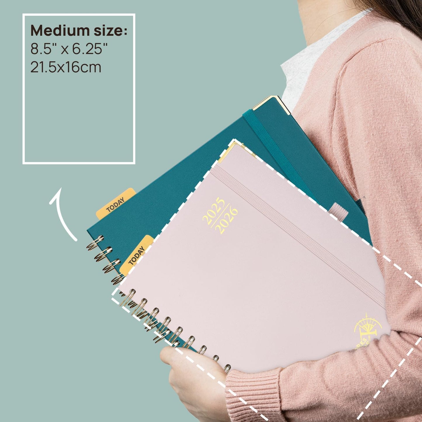 POPRUN Monthly Planner 2025-2026 Spiral Hardcover (6.25'' x 8.5''), 18 Months Calendar (Jul.2025 - Dec.2026)- 2 Pages per Month with Dotted Note Pages, Sunday Start, Laminated Tab - Light Pink