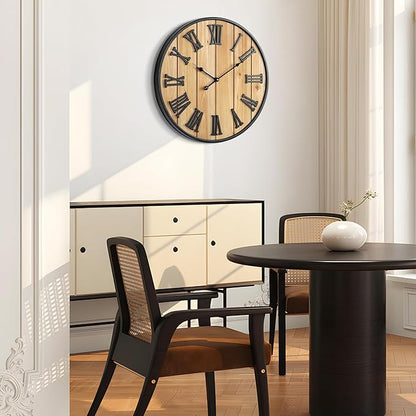 Large Wall Clock 24IN, Silent Metal Wood Style Wall Clocks Battery Operated for Living Room Decor, Farmhouse Big Wall Clock, Outdoor