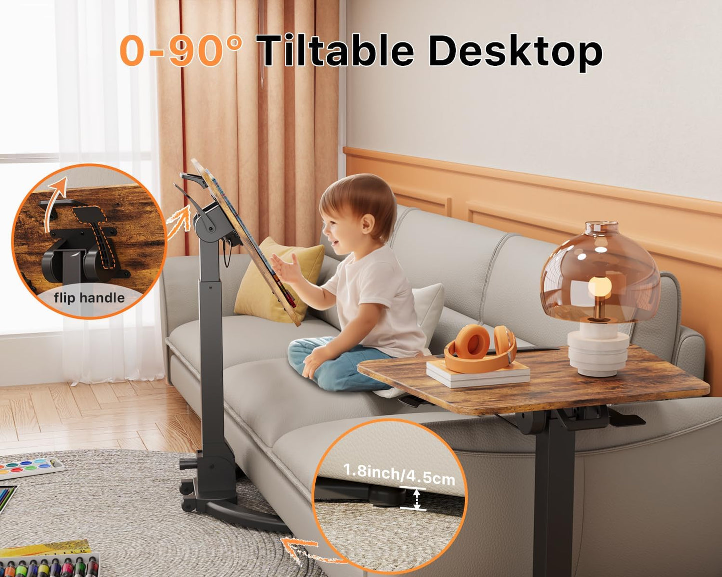 JOY worker Foldable Mobile Standing Desk, Pneumatic Height Adjustable Sit Stand Desk, 90° Tiltable Rolling Laptop Table, Portable Workstation with Non-Slip Mat for Home Office, Holds Up to 22lbs