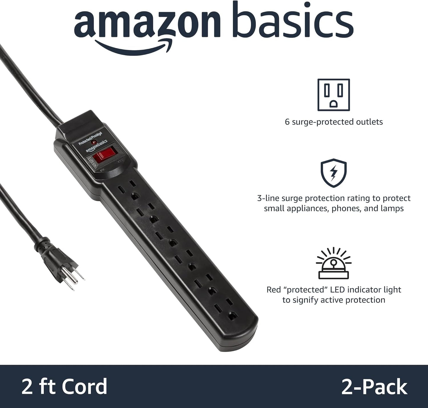 Amazon Basics Surge Protector Power Strip, 6-Outlet with 200J Protection, 2ft Extension Cord, Rectangle, Black (2 Pack)