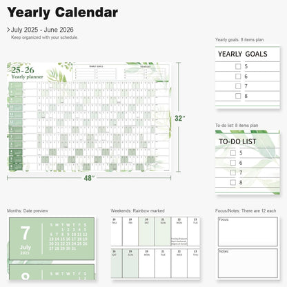 Ospelelf Large Wall Calendar 2025-2026 - 32'' x 48'' Dry Erase Calendar for Wall, 12 Month Laminated Calendar for Classroom, Family, Use July 2025 - June 2026 (Leaf)
