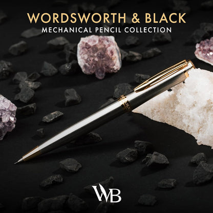 Wordsworth and Black Mechanical Pencil Graphite Lead- Stunning Luxury Metal Pencil, Silver Chrome 24K Gold Finish, 0.7mm Led, Best Gift Set for Men & Women, Professional Executive Office Pencils