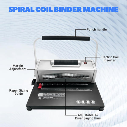 Coil Spiral Binding Machine,46 Holes Spiral Coil Binder with Electric Coil inserter,Manual Book Maker Punch Binder with 100pcs Plastic Coil and Plier