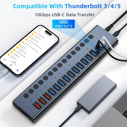 Powered USB Hub 10Gbps, 17 Ports 96W USB 3.2 Hub(10 USB-A 3.2 Ports+3 QC 24W Fast Charging Ports+2 USB-C 3.2 Ports+SD/TF Card Reader), 12V/8A Power Adapter for Laptop, PC, Computer, HDD,Flash Drive