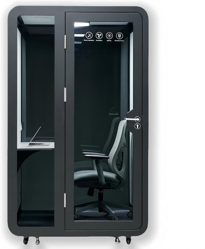 Solo Office Pod, Sound Pod, Mobile Office Pod Booth, SoundProof Booth for Office, Privacy pod, Mobile Roller with Desk, LED Light, Centrifugal Fans and AC USB Ports - Black/Smoked Glass