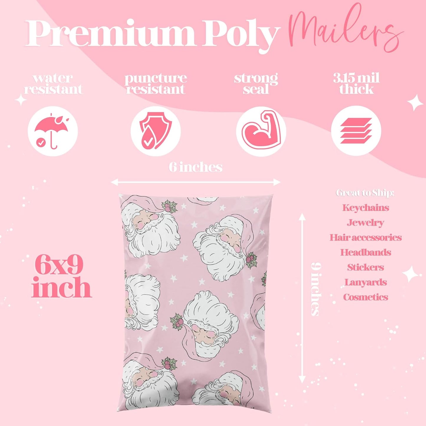 10x13 Designer Christmas Holiday Poly Mailer 100 Pack Heavy Duty Waterproof Self Seal Shipping Bags Large Mailing Envelopes Bulk Tear Resistant Cute Packaging Pink Santa