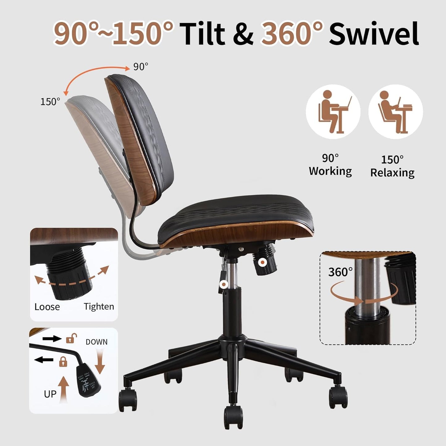Modern Black Home Office Chair – Armless Mid-Back Desk Chair with PU Leather, Adjustable Height, Swivel Wheels, Walnut Wood Finish, Perfect for Small Spaces