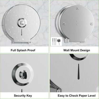 Brushed Stainless Steel Paper Towel Dispenser Wall Mount, TOBEFORT Commercial Jumbo Toilet Paper Dispenser, 9 Inch Roll with 2.5 Core, Toilet Paper Holder Bath Tissue Dispenser Lock Key