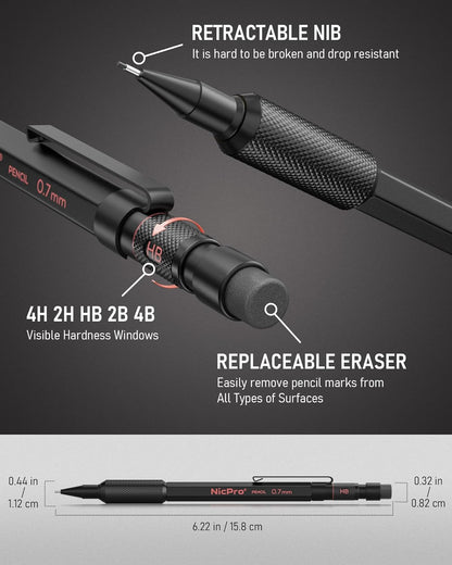 Nicpro 0.7 mm Mechanical Pencil Set with Case, 3PCS MP2000 Metal Artist Mechanical Pencil With 6 Tube HB Lead Refills, Eraser, Weatherproof Barrel for Outdoor Writing Drafting Drawing Sketching