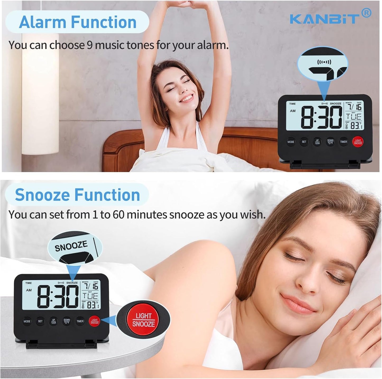 Small Digital Travel Alarm Clock, Large LCD Display Front Button with Date & Temperature, Snooze and 8 Seconds Backlight AAA Battery Operated Desk Clock for Home & Office, Black