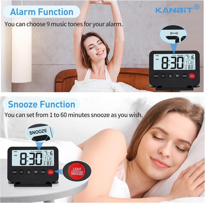 Small Digital Travel Alarm Clock, Large LCD Display Front Button with Date & Temperature, Snooze and 8 Seconds Backlight AAA Battery Operated Desk Clock for Home & Office, Black