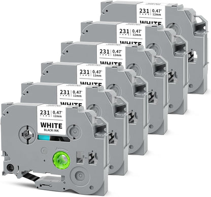 6-Pack 12mm 0.47" Black on White Label Tape Compatible for Brother Tze-231 PTouch 12mm 0.47" White Tze Tz Tape 12mm 1/2" Label Maker Tape for PT-D220 PT-D210 PT-D200 PT2430 PT1890 PT-D610BT