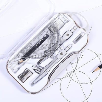 Math Geometry Sets 10 Piece Student Supplies with Shatterproof Storage Box,Includes Rulers,Protractor,Compass,Eraser,Pencil Sharpener,Lead Refills,Pencil,for Drafting and Drawings（Grey）