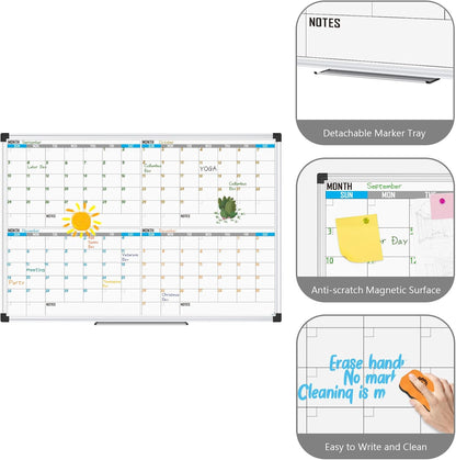 XBoard Magnetic Calendar Whiteboard 48" x 36" - 4 Month Colorful Calendar Dry Erase Board for Monthly Planning, Silver Aluminium Framed