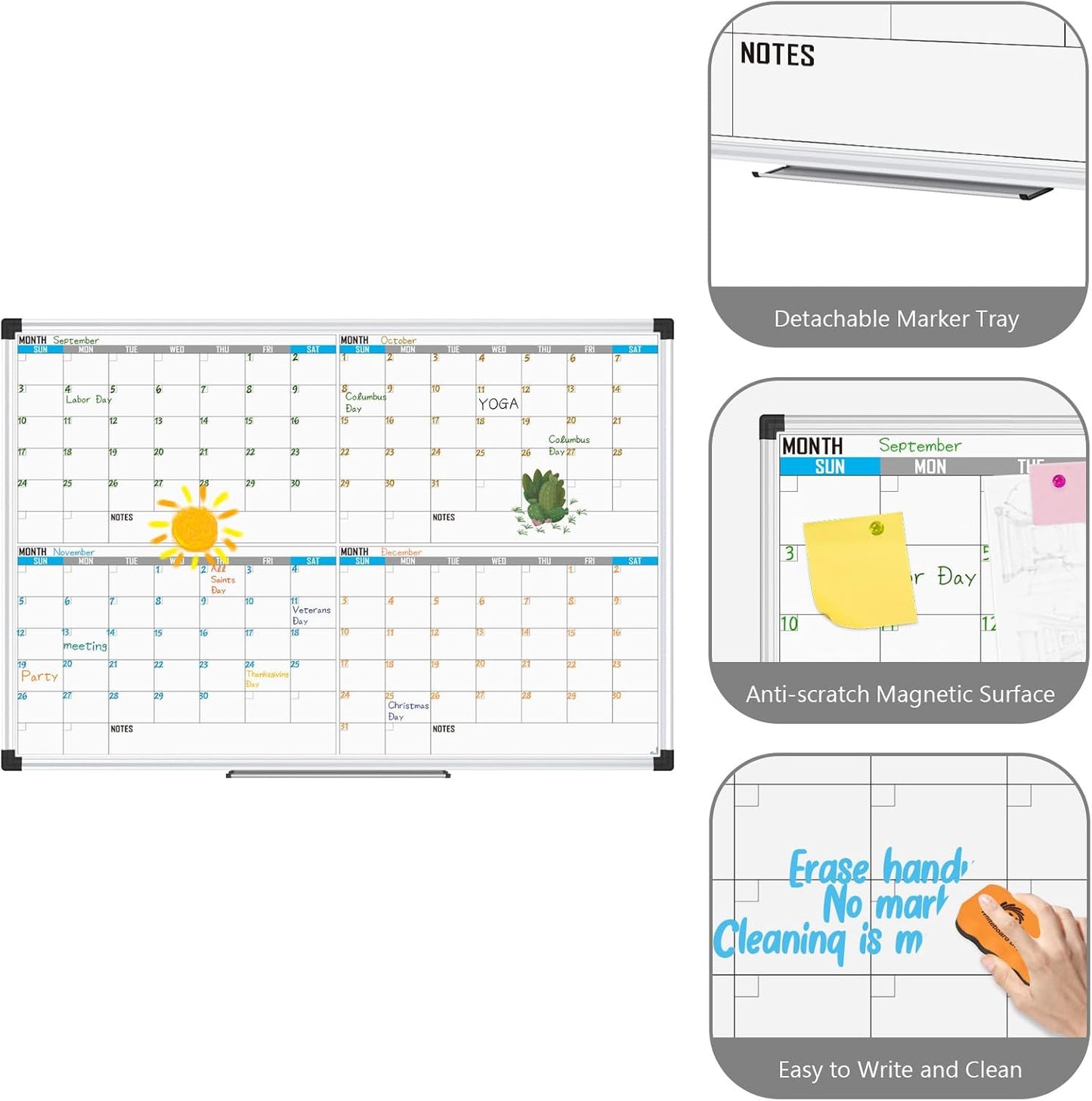XBoard Magnetic Calendar Whiteboard 36" x 24", 4 Months Calendar Dry Erase Board, Silver Aluminium Framed White Board Planner for Home School Office Organization