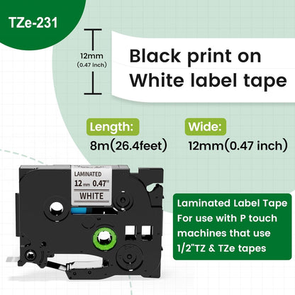 Label Maker Tape, Tze Tz Tape 12mm 0.47 Laminated White TZe-231 Replace for Brother P Touch TZ-231 AZe-231 Compatible with Brother P-Touch Label Maker Refills PT-D210 PTH110 PTD220,6PK