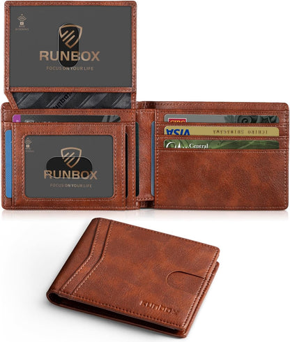 RUNBOX Wallet for Men Slim Rfid Leather 2 ID Window With Gift Box