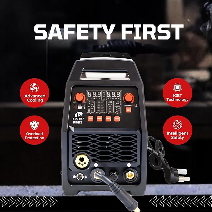 LOTOS MIG225 225A MIG Welder, 6 in 1 Gas MIG, Gasless Flux Core MIG, Stick, Lift TIG, Spot, Spool Aluminum Multi Process Welding Machine, Auto MIG Synergistic Setting & Voltage Fine Tuning, 120/240V