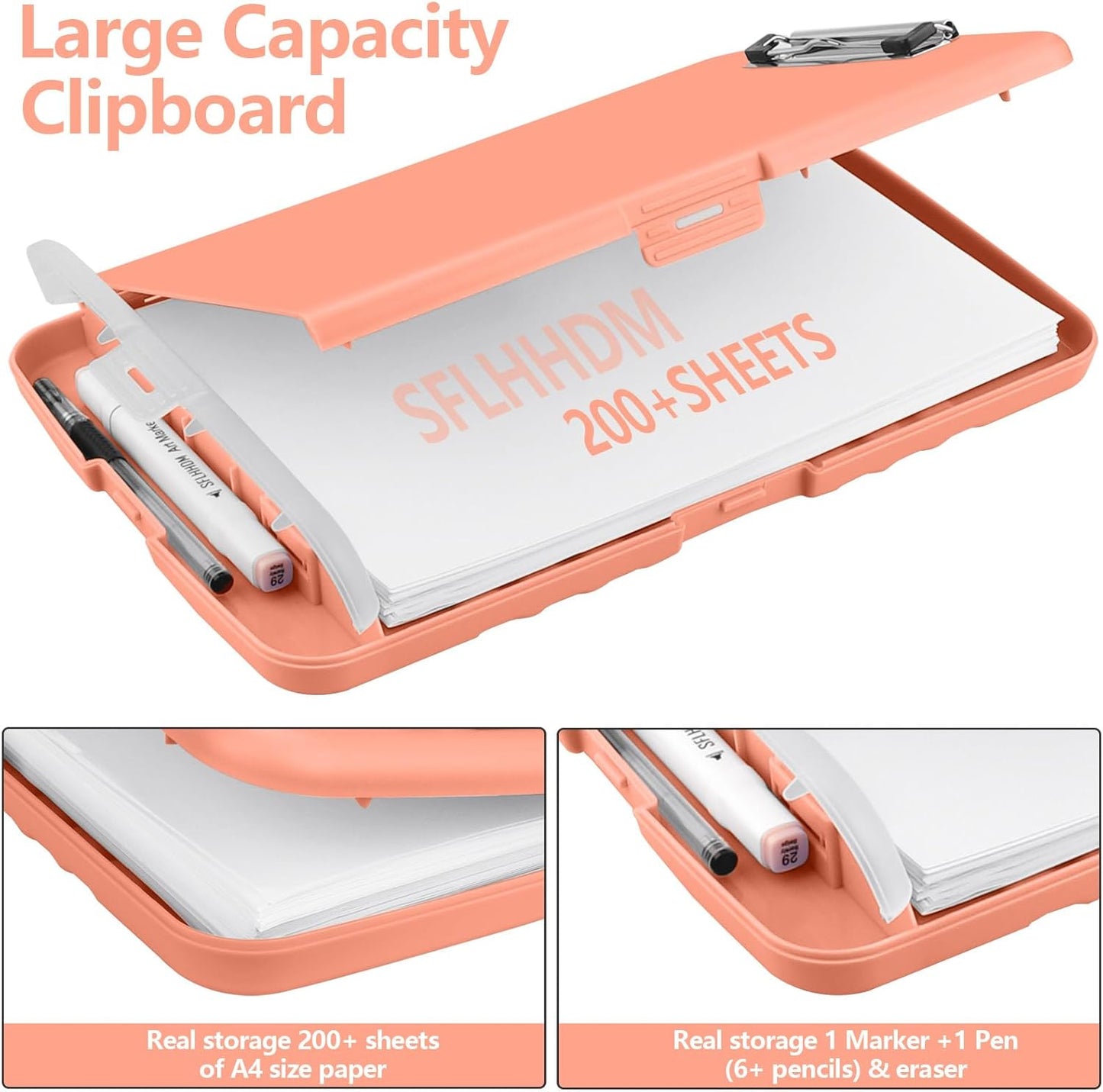 Clipboard with Storage, A4 Binder Nursing Clipboards with Pen Holder, Heavy Duty Storage Clipboards with Low Profile Clip, Clipboard Folder Side-Opening, Smooth Writing Clip Board (Pink Orange)