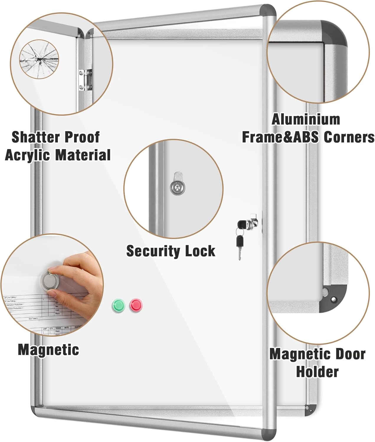 38"x28" Enclosed Bulletin Board, Lockable Weather-Resistant Aluminum Noticeboard for School & Office, Silver Frame w/Magentic Whiteboard