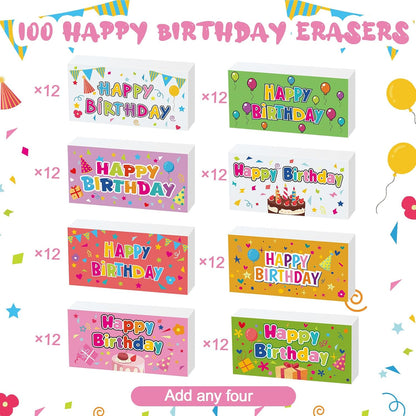 100 Pcs Happy Birthday Erasers Bulk Mini Erasers for Classroom Fun Assortment Birthday Gifts for Back to School Teacher Reward Party Supplies, 8 Styles, 1.6 Inch