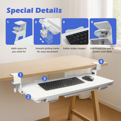 Keyboard Tray Under Desk with Drawer,26.77" X 11.81"Large Size Keyboard Tray with C Clamp-on Mount, Easy to Install, for Home Office (White)