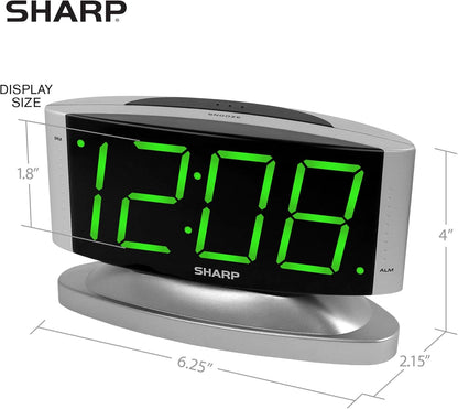 Sharp Home LED Digital Alarm Clock – Swivel Base - Outlet Powered, Simple Operation, Alarm, Snooze, Brightness Dimmer, Big Green Digit Display, Silver Case
