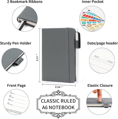 feela 6 Pack Pocket Mini Notebooks Bulk, Small Cute Memo Notepads Hardcover College Ruled Lined Journals with Pen Holder for School Business Work, with 6 Black Pens, 3.5”x 5.5”, A6, Gray