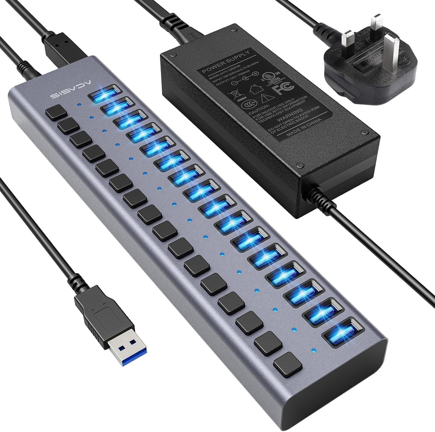 90W Powered USB Hub - ACASIS 16 Ports USB 3.0 Data Port, Aluminum Housing, Individual On/Off Switches, 12V/7.5A Power Adapter, USB Splitter for Laptop, PC, Computer, Printer
