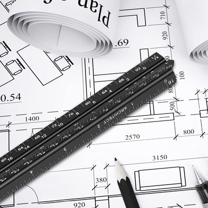 12" Architectural Scale Ruler Aluminum Architect Scale Triangular Scale Ruler for Architects, Draftsman, Students and Engineers, Black