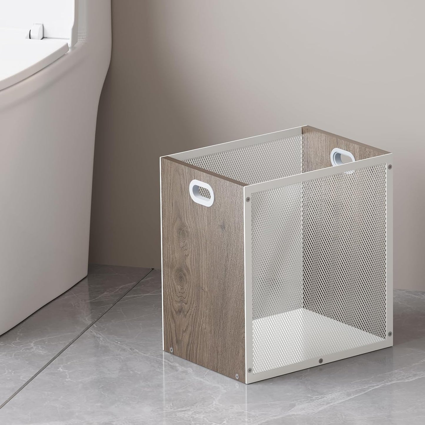 Office Trash Can, Rectangular Kitchen Garbage Can, Iron and Wood Combination Bathroom Trash Can, Modern Design Wastebasket Bin for Bathroom, Laundry Room, Kitchen, Kids' Room, Dorm(4.5 Gallon)