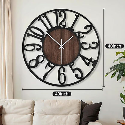 Maxstar Large Round Wall Clock for Living Room Decor Battery Operated Non Ticking Black Metal Wood Clocks for Home Living Room Garden Office Kitchen Decoration -40inch