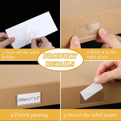 Jeyiour 200 Pcs Label Holders Adhesive Nameplate Pockets Storage Bin Labels Index Card Holder Shelf Plastic Peel Stick for Classroom Supermarket Bookshelf Library Student Box Drawer (2 x 1 Inch)
