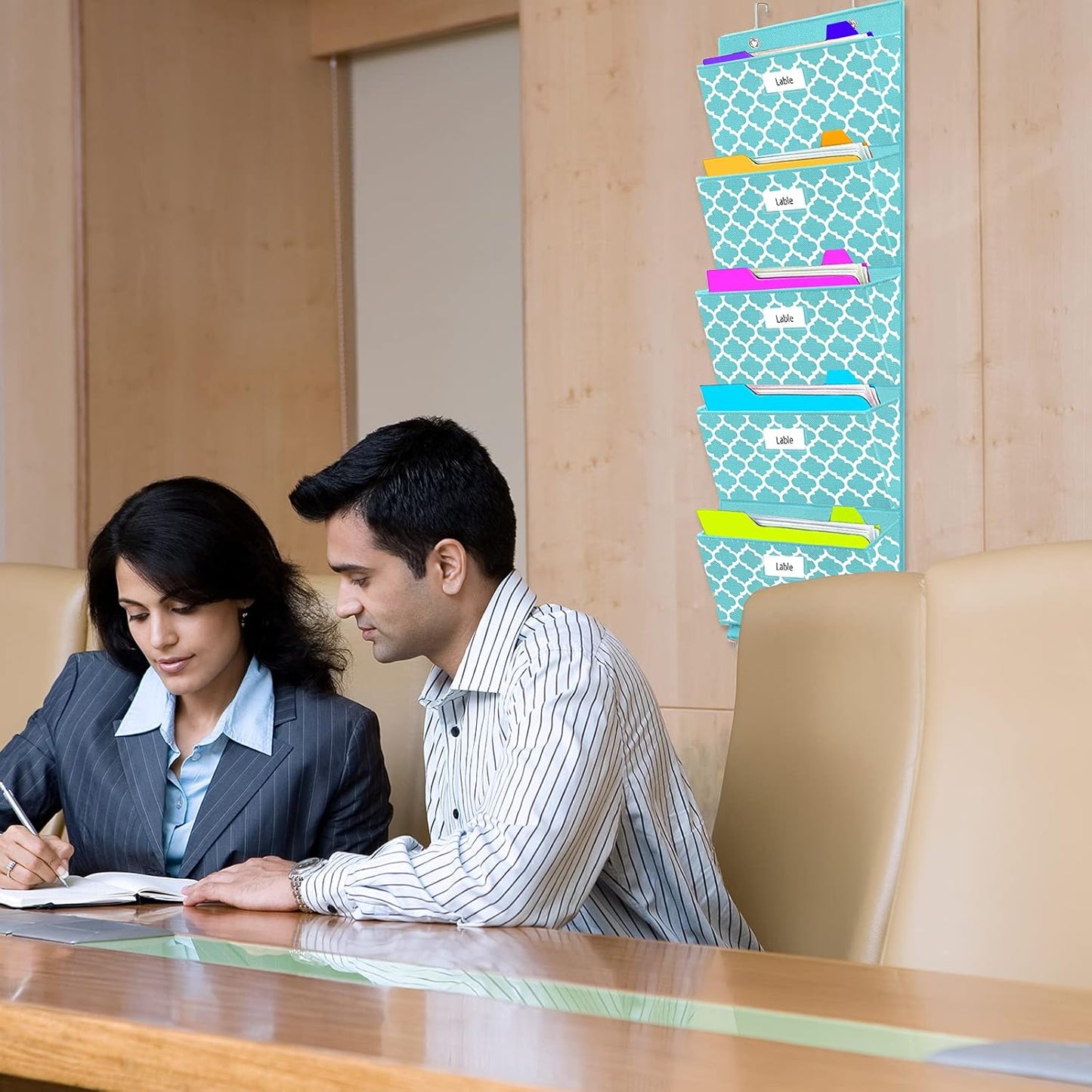 Over the Door File Organizer, Hanging File Folders, Wall Organizers and Storage for Mail, Magazine, Notebooks, Planners, Office, Classroom, 5 Extra Large Pockets, 50.39” Tall (Blue Lantern Pattern)