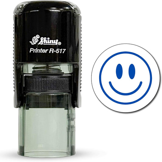 Shiny Smiley Face Teacher Stamp, Round Self Inking Stamp for Classroom, Blue Ink