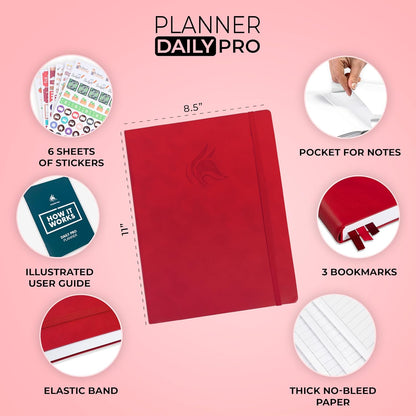 Clever Fox Planner Daily PRO - 8.5 x 11" A4 Size Daily Life Planner and Gratitude Journal to Increase Productivity, Time Management and Hit Your Goals - Undated - Lasts 3 Months (Red)