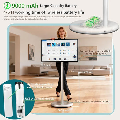 OFD 27 In Portable TV on Wheels 2nd Gen 1080P,Android 15 OS,6GB RAM+128GB ROM,100%sRG Swivel Rotation Smart Touchscreen,Rolling TV with 4K Webcam,USB-A-Remote,9000mAh Battery,EDLA-Certified,Off White