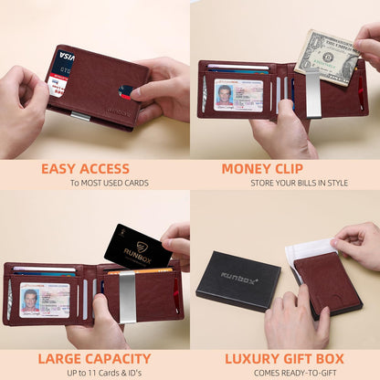 RUNBOX Slim Wallets for Men - Leather Money Clip Mens Wallet - RFID Blocking Front Pocket Bifold Wallet - Thin Credit Card Holder with Gift Box
