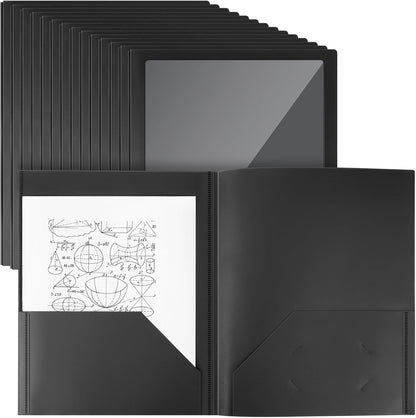 Teling 24 Pcs Plastic Folders with Front Clear Pocket and Business Card Holder 2 Pocket Folders Letter Size Paper for School Office Supplies Nice Gift for Christmas New Year School Supply (Black)