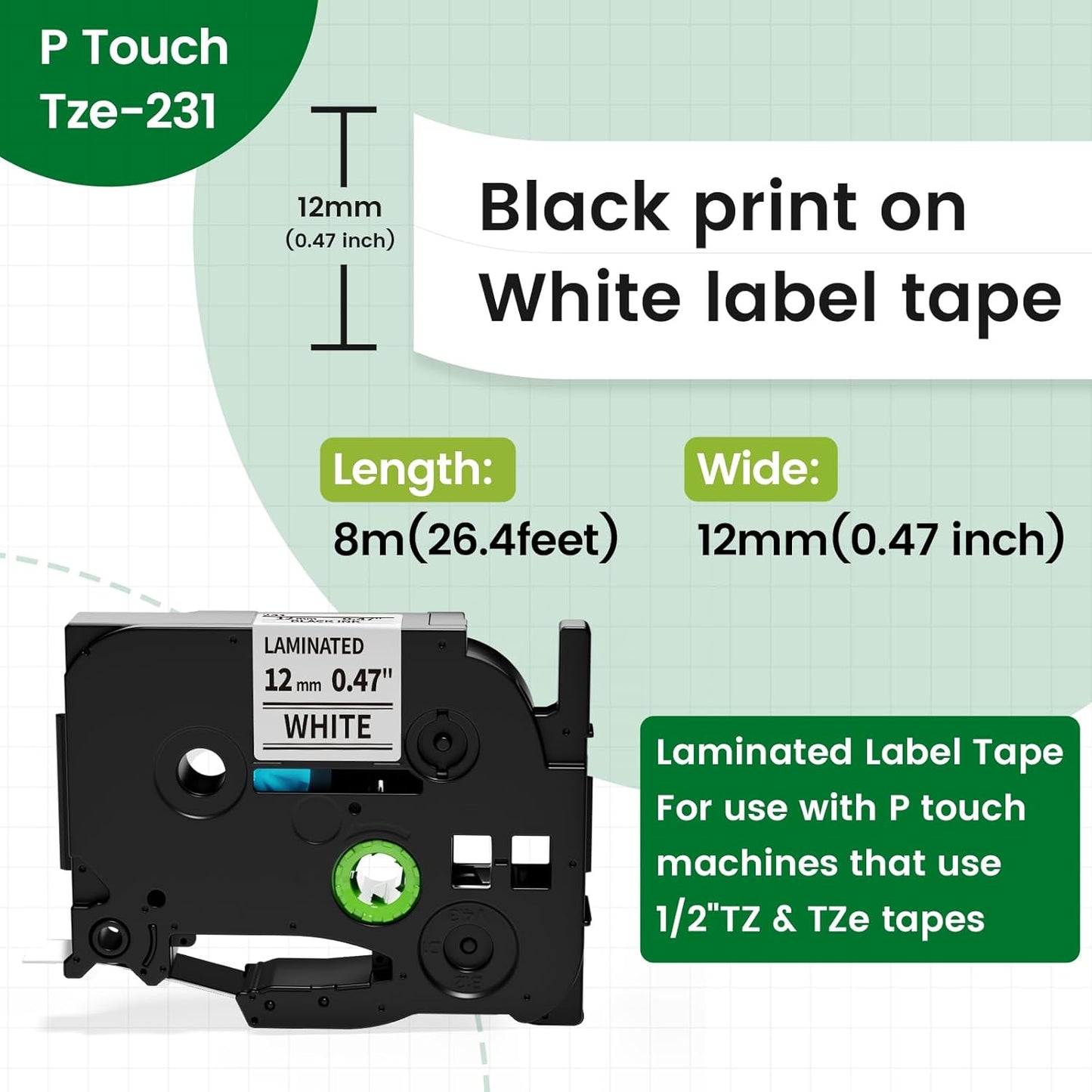 Label Maker Tape Replace for Brother P Touch Label Tape TZe-231 12mm 0.47 Laminated White TZe TZ 231 Refills Replacement for Brother Label Maker PTouch PTH-110 111 D220 D210 D410,8 pk